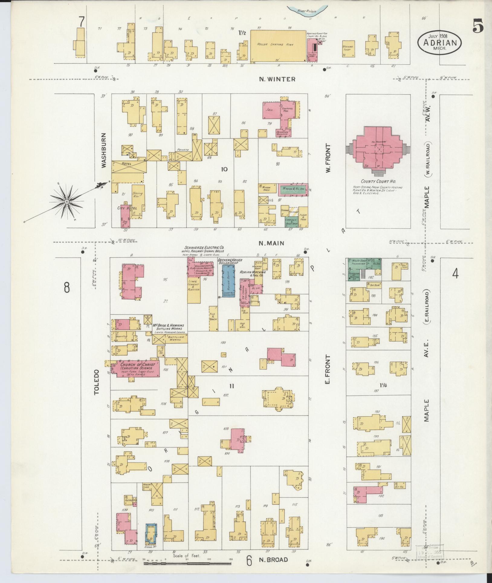 Sanborn Fire Insurance Map from Adrian, Lenawee County, Michigan (1908), Sheet #0005 - Historic Sanborn Fire Insurance Map Print, vintage old map wall art, antique decor, genealogy gift, Michigan Michigan map