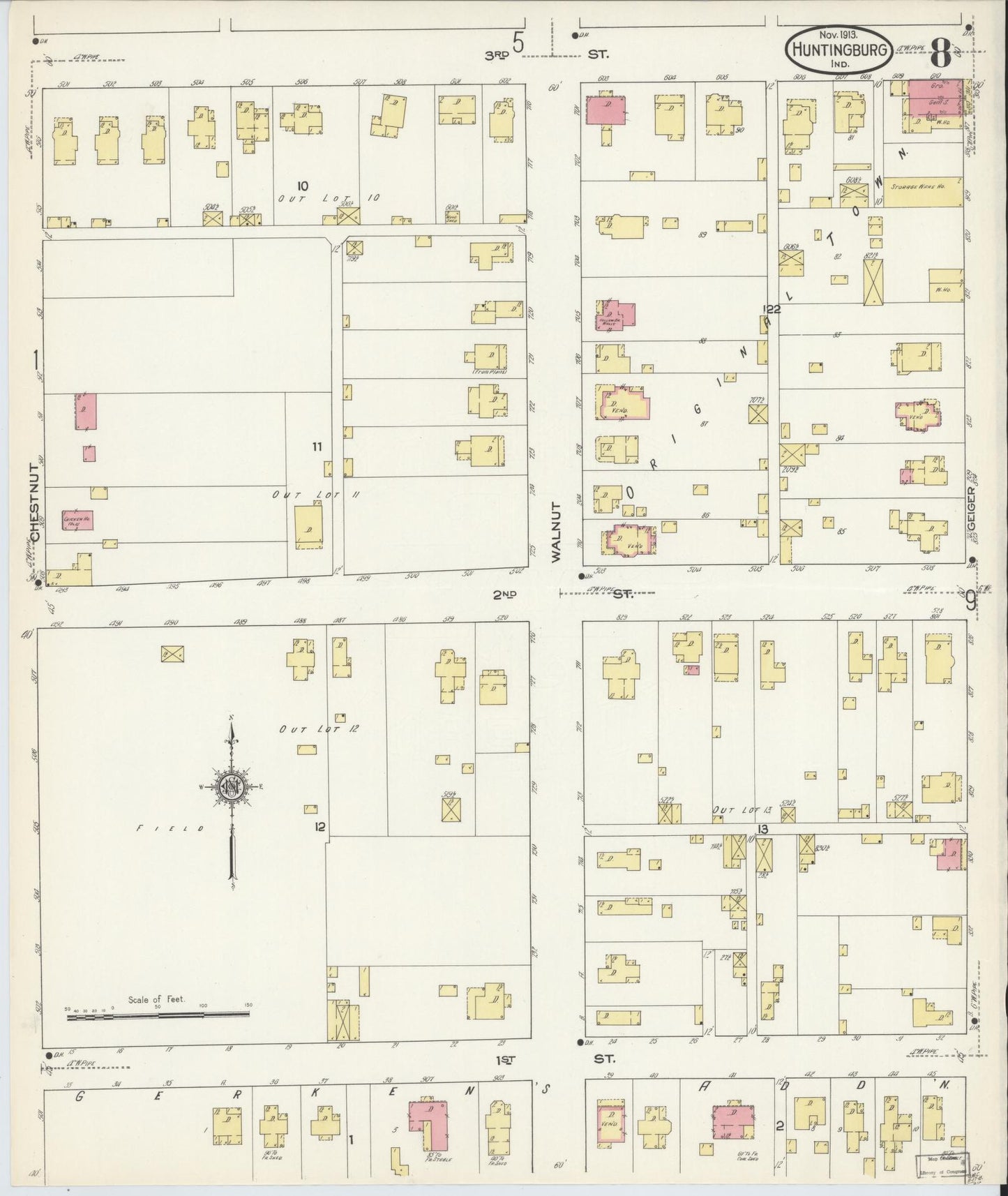 Sanborn Fire Insurance Map from Huntingburg, Dubois County, Indiana (1913), Sheet #0008 - Complete Map Set gallery image, historic Sanborn map, vintage wall art, Indiana Indiana