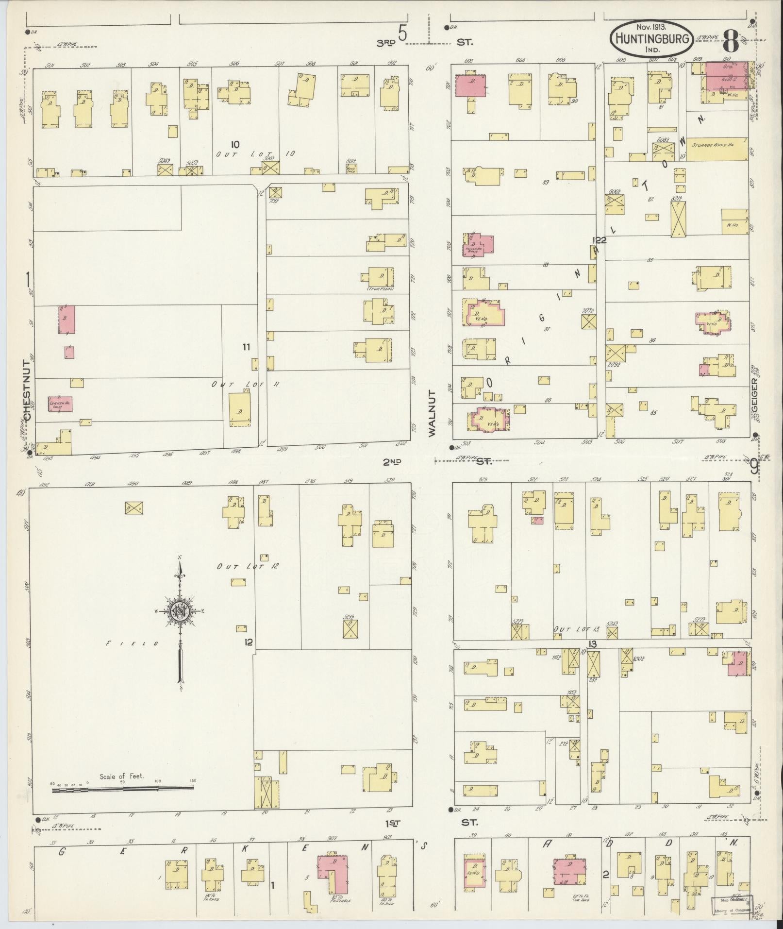 Sanborn Fire Insurance Map from Huntingburg, Dubois County, Indiana (1913), Sheet #0008 - Complete Map Set gallery image, historic Sanborn map, vintage wall art, Indiana Indiana