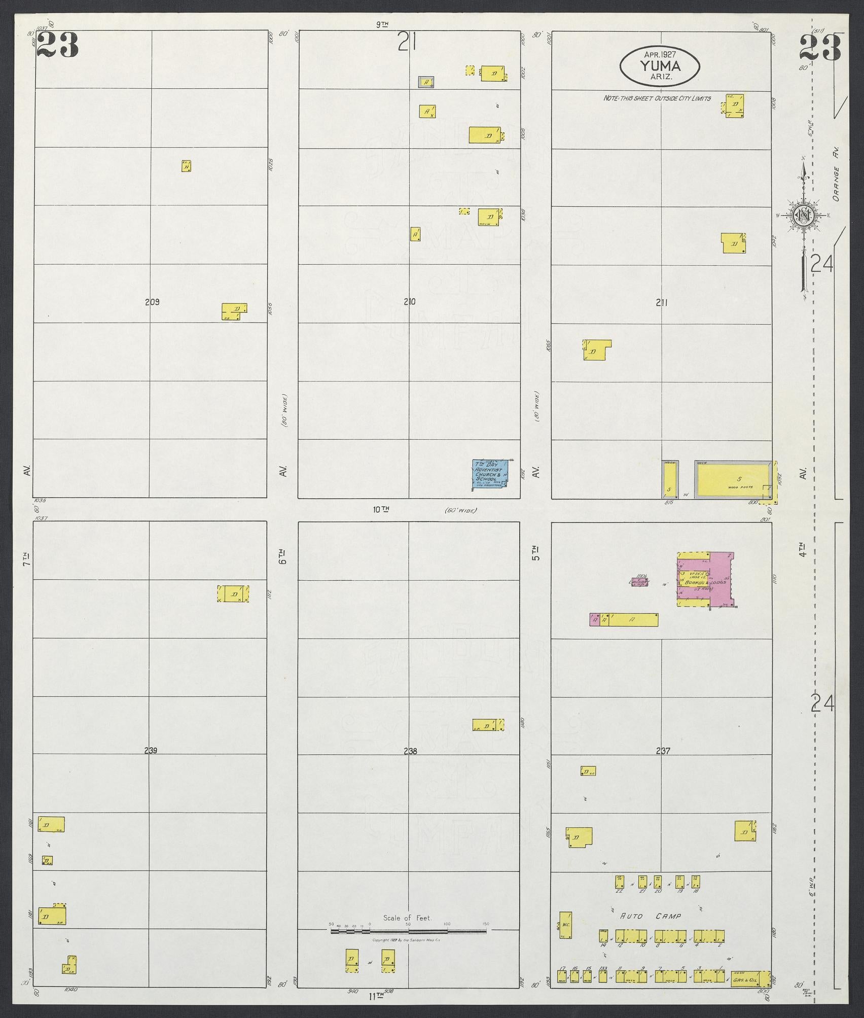 Sanborn Fire Insurance Map from Yuma, Yuma County, Arizona (1927), Sheet #0023 - Complete Map Set gallery image, historic Sanborn map, vintage wall art, Arizona Arizona