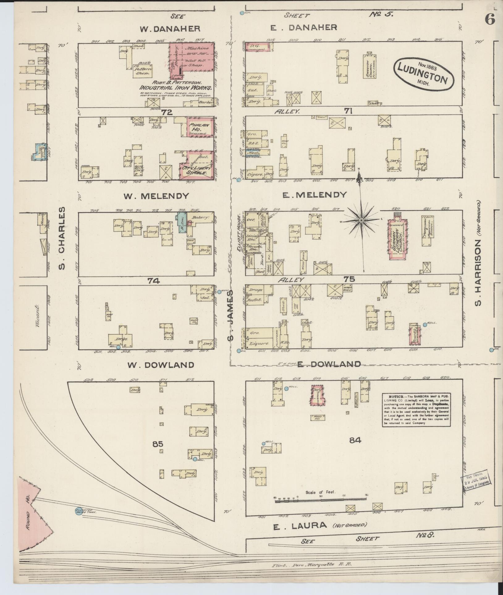 Sanborn Fire Insurance Map from Ludington, Mason County, Michigan (1883), Sheet #0006 - Historic Sanborn Fire Insurance Map Print, vintage old map wall art, antique decor, genealogy gift, Michigan Michigan map