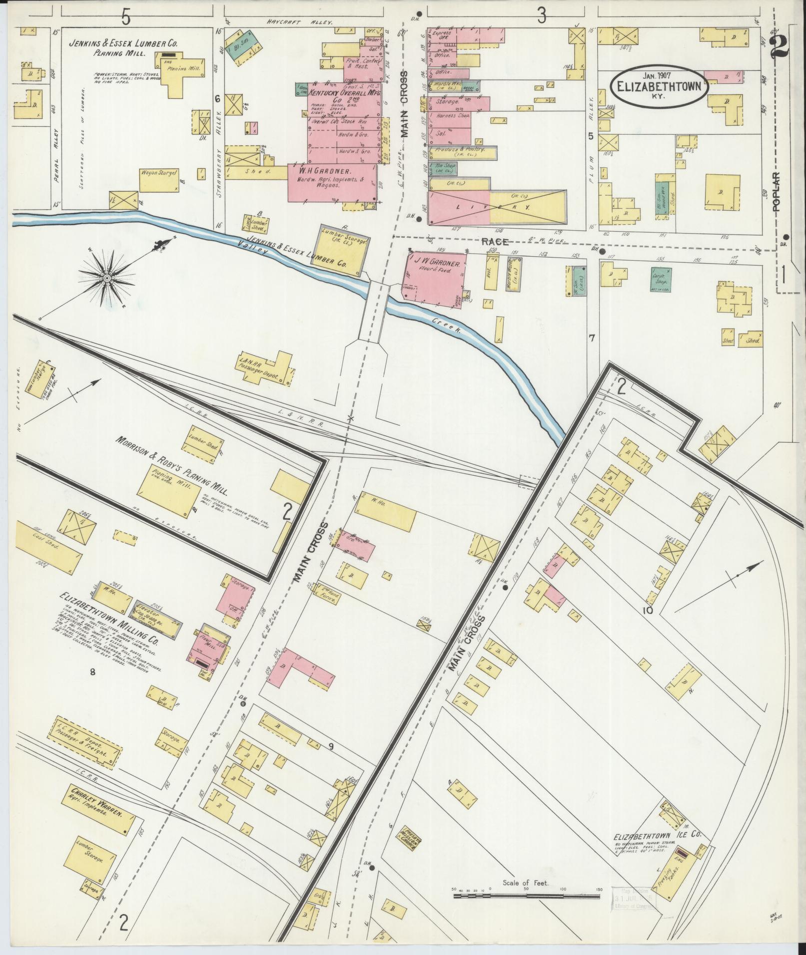 Sanborn Fire Insurance Map from Elizabethtown, Hardin County, Kentucky (1907), Sheet #0002 - Complete Map Set gallery image, historic Sanborn map, vintage wall art, Kentucky Kentucky