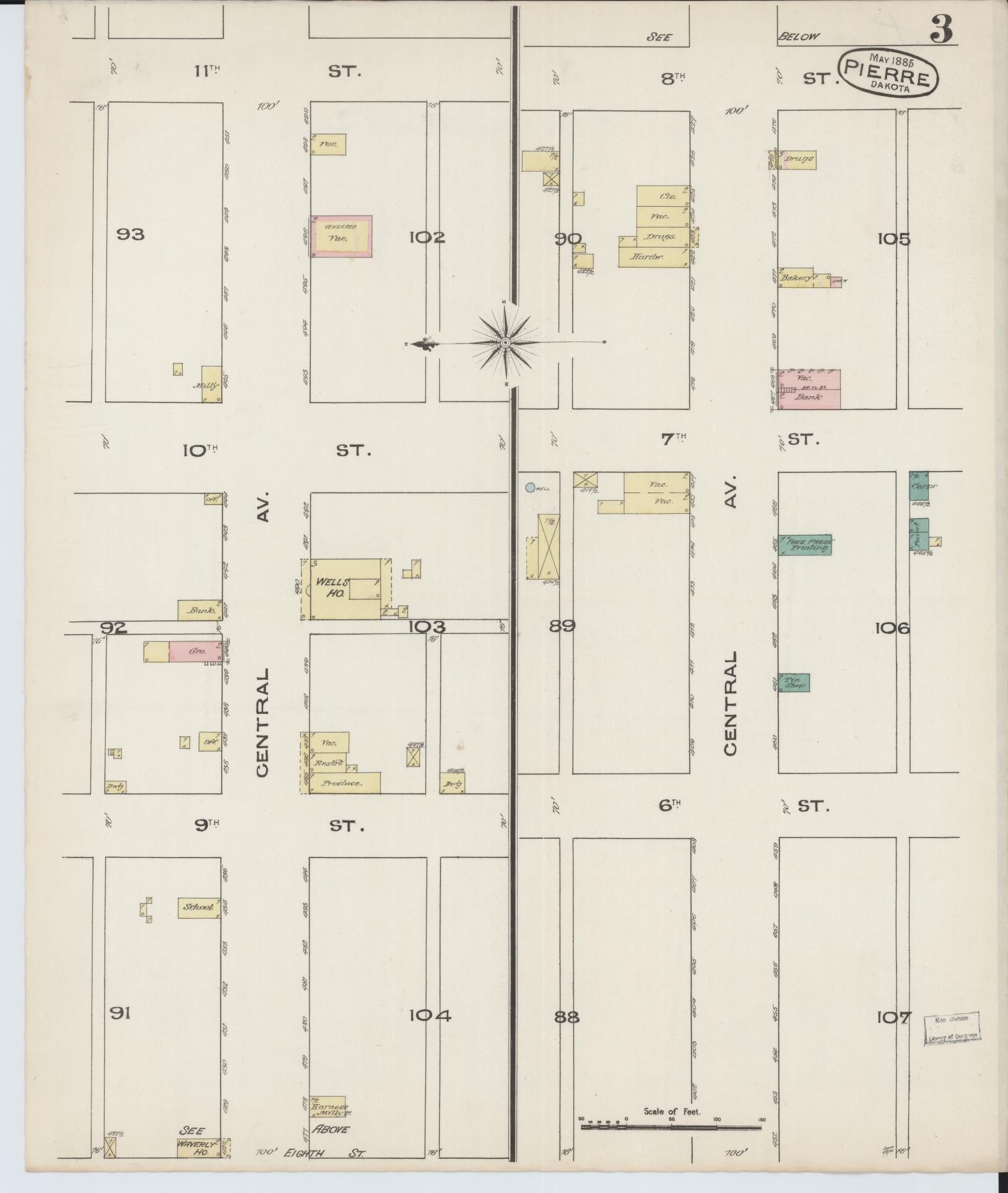 Sanborn Fire Insurance Map from Pierre, Hughes County, South Dakota (1885), Sheet #0003 - Historic Sanborn Fire Insurance Map Print, vintage old map wall art, antique decor, genealogy gift, South Dakota South Dakota map