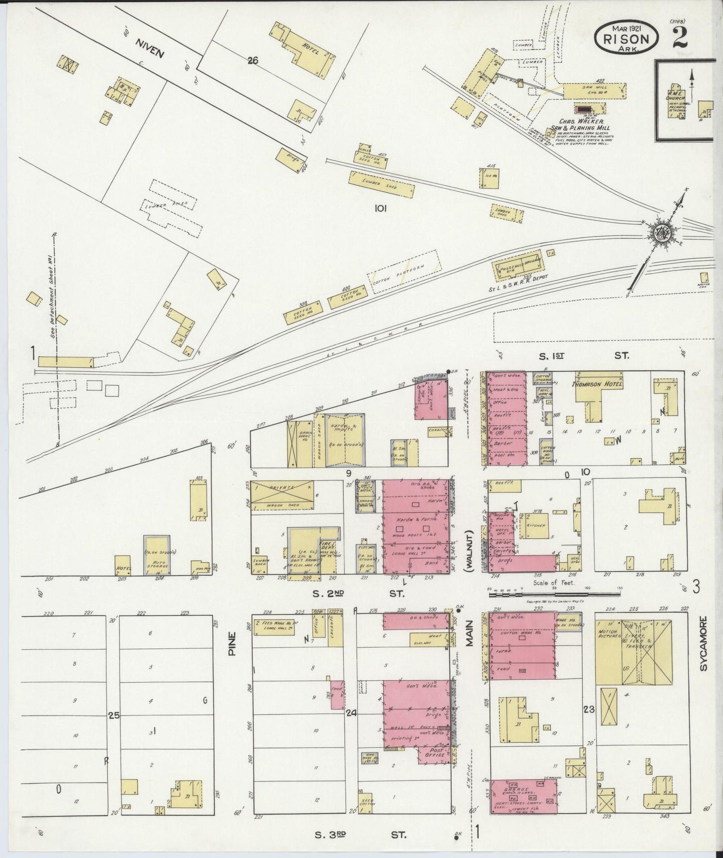 Sanborn Fire Insurance Map from Rison, Cleveland County, Arkansas (1921), Sheet #0002 - Complete Map Set gallery image, historic Sanborn map, vintage wall art, Arkansas Arkansas