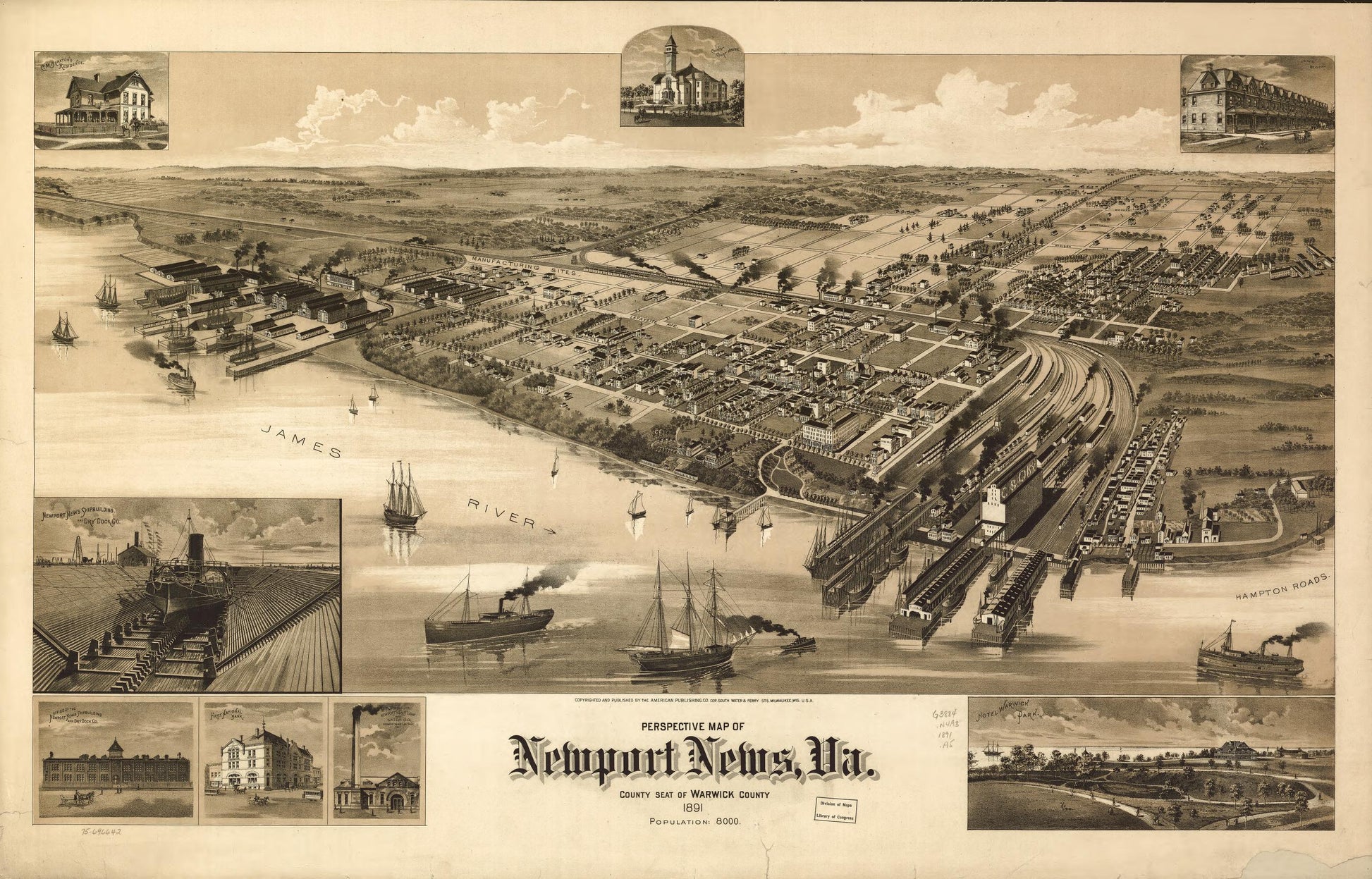 Perspective map of Newport News, Va., county seat of Warwick County 1891. (1891) – Historic Bird’s-Eye View Panorama Print