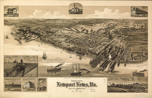 Perspective map of Newport News, Va., county seat of Warwick County 1891. (1891) – Historic Bird’s-Eye View Panorama Print
