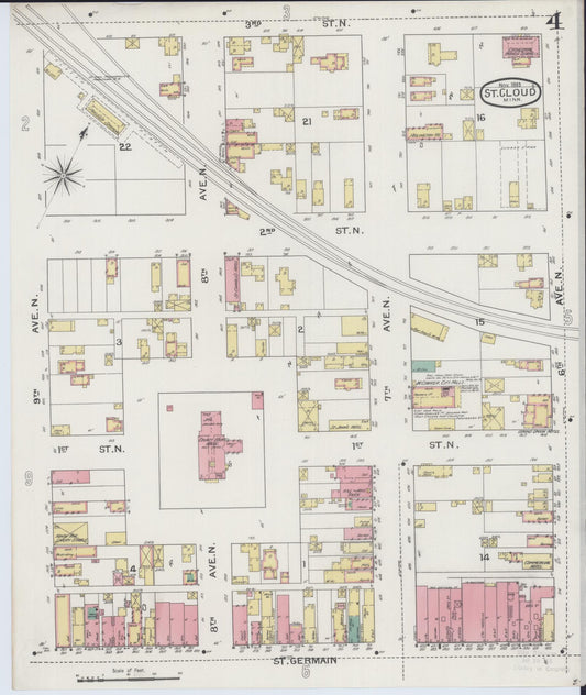 Sanborn Fire Insurance Map from Saint Cloud, Stearns, Benton, and Sherburne Counties, Minnesota (1893), Sheet #0004 - Historic Sanborn Fire Insurance Map Print, vintage old map wall art, antique decor, genealogy gift, Minnesota Minnesota map