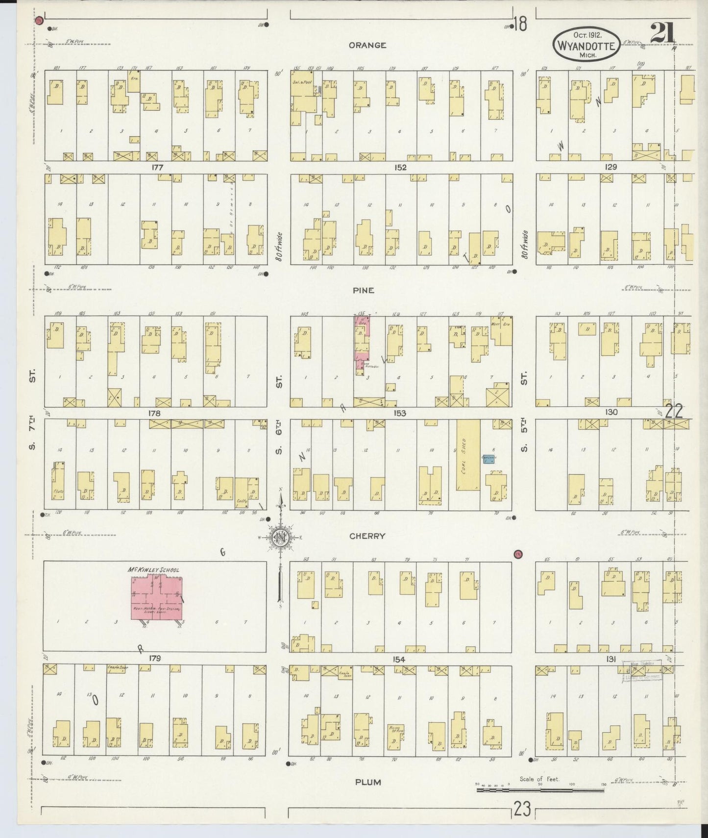 Sanborn Fire Insurance Map from Wyandotte, Wayne County, Michigan (1912), Sheet #0021 - Historic Sanborn Fire Insurance Map Print, vintage old map wall art, antique decor, genealogy gift, Michigan Michigan map