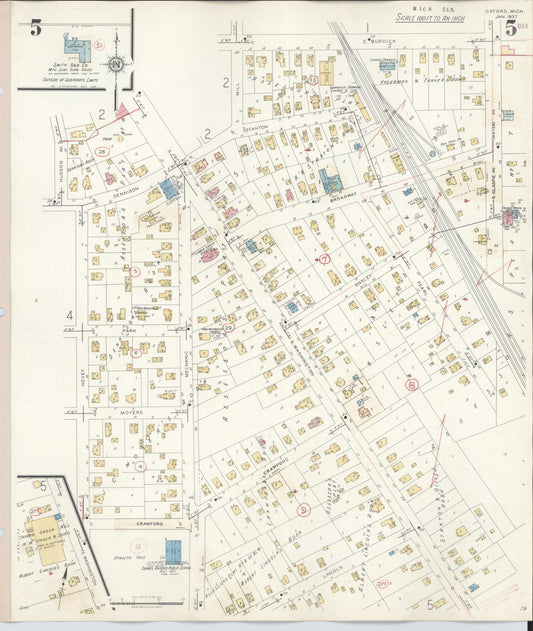 Sanborn Fire Insurance Map from Oxford, Oakland County, Michigan (1945), Sheet #0005 - Historic Sanborn Fire Insurance Map Print, vintage old map wall art, antique decor, genealogy gift, Michigan Michigan map