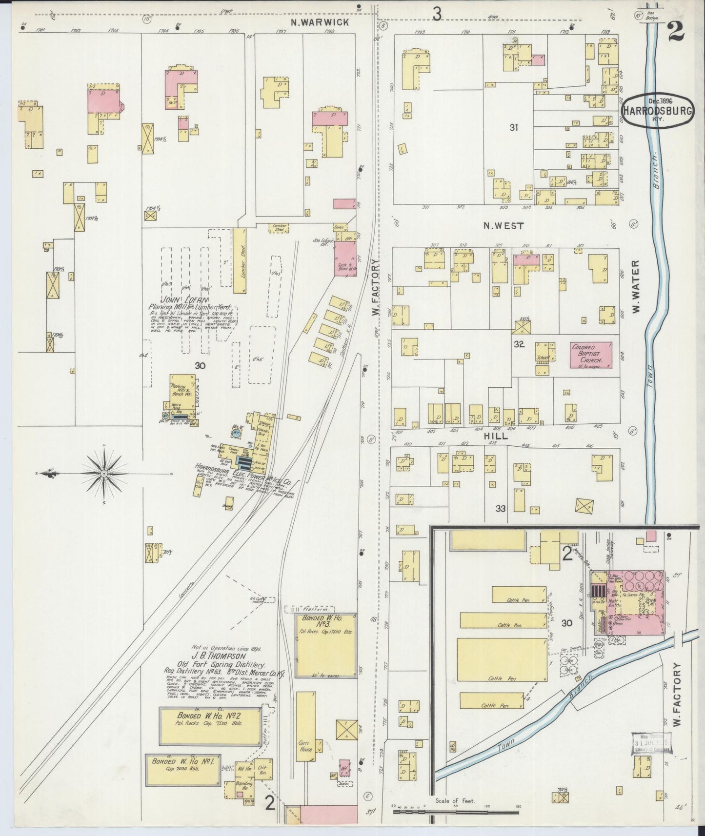Sanborn Fire Insurance Map from Harrodsburg, Mercer County, Kentucky (1896), Sheet #0002 - Historic Sanborn Fire Insurance Map Print, vintage old map wall art, antique decor, genealogy gift, Kentucky Kentucky map