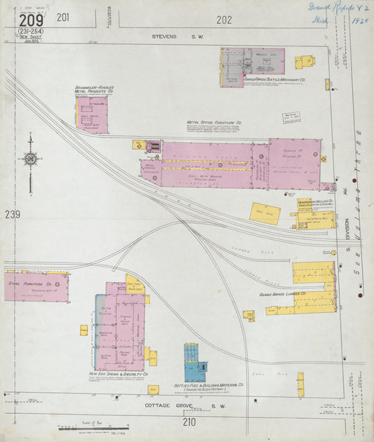 Sanborn Fire Insurance Map from Grand Rapids, Kent County, Michigan (1924), Sheet #0209 - Historic Sanborn Fire Insurance Map Print, vintage old map wall art, antique decor, genealogy gift, Michigan Michigan map