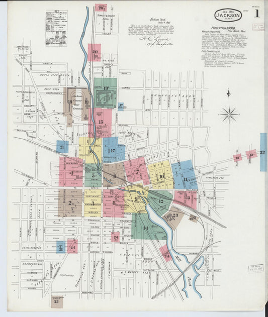 Sanborn Fire Insurance Map from Jackson, Jackson County, Michigan (1893), Sheet #0001 - Historic Sanborn Fire Insurance Map Print, vintage old map wall art, antique decor, genealogy gift, Michigan Michigan map