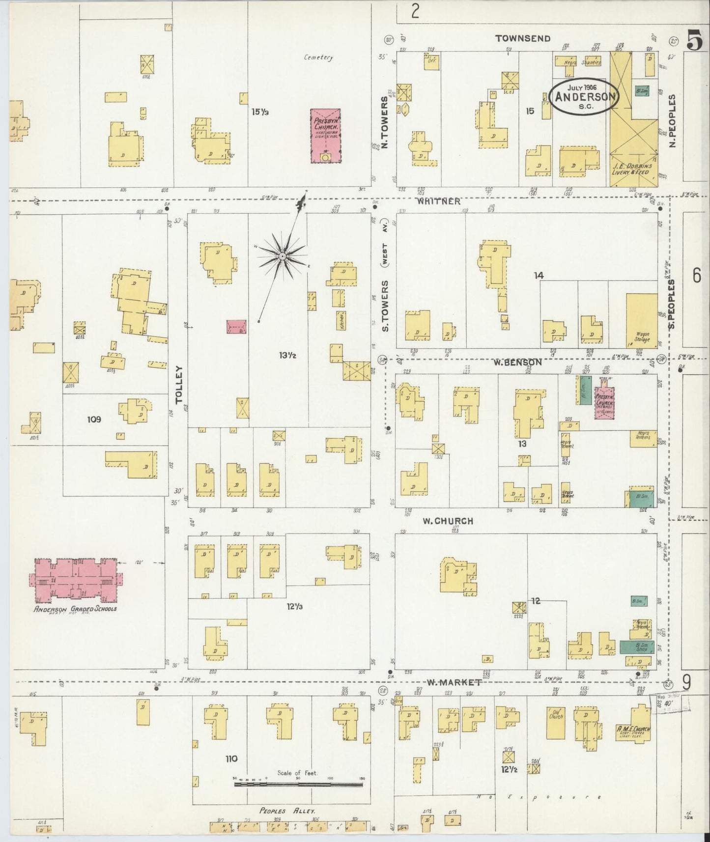 Sanborn Fire Insurance Map from Anderson, Anderson County, South Carolina (1906), Sheet #0005 - Historic Sanborn Fire Insurance Map Print, vintage old map wall art, antique decor, genealogy gift, South Carolina South Carolina map