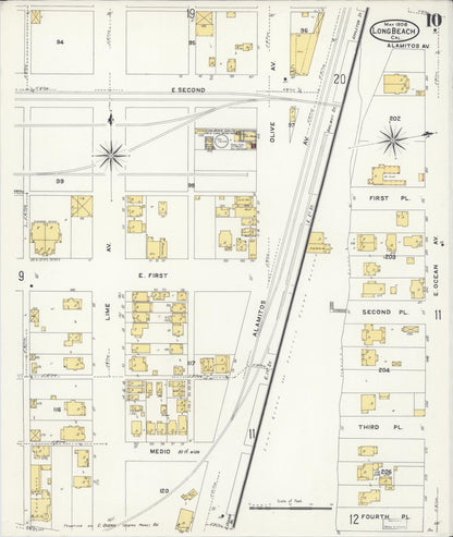 Sanborn Fire Insurance Map from Long Beach, Los Angeles County, California (1908), Sheet #0010 - Historic Sanborn Fire Insurance Map Print, vintage old map wall art, antique decor, genealogy gift, California California map