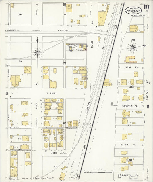 Sanborn Fire Insurance Map from Long Beach, Los Angeles County, California (1908), Sheet #0010 - Historic Sanborn Fire Insurance Map Print, vintage old map wall art, antique decor, genealogy gift, California California map