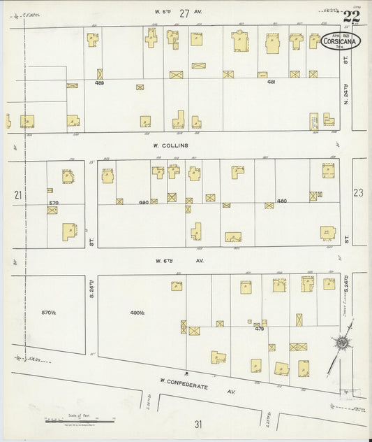 Sanborn Fire Insurance Map from Corsicana, Navarro County, Texas (1921), Sheet #0022 - Historic Sanborn Fire Insurance Map Print, vintage old map wall art, antique decor, genealogy gift, Texas Texas map