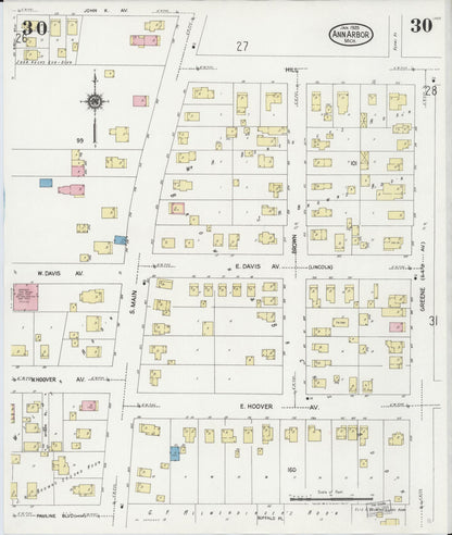 Sanborn Fire Insurance Map from Ann Arbor, Washtenaw County, Michigan (1925), Sheet #0030 - Historic Sanborn Fire Insurance Map Print, vintage old map wall art, antique decor, genealogy gift, Michigan Michigan map