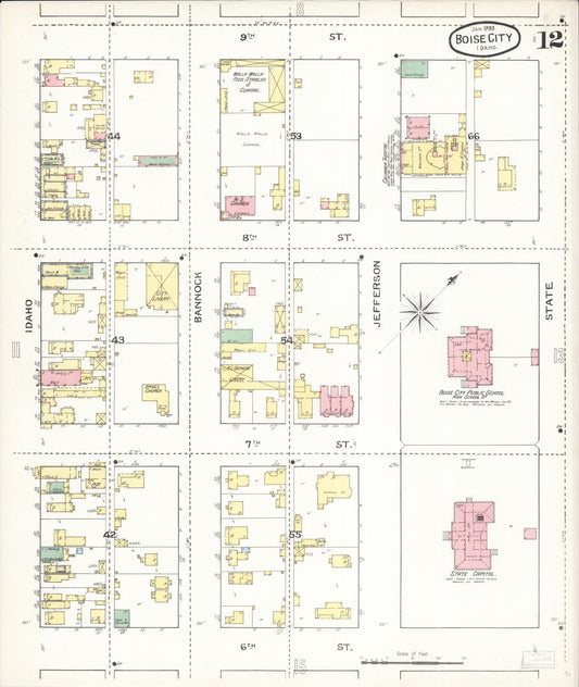 Sanborn Fire Insurance Map from Boise, Ada County, Idaho (1893), Sheet #0012 - Historic Sanborn Fire Insurance Map Print, vintage old map wall art, antique decor, genealogy gift, Idaho Idaho map