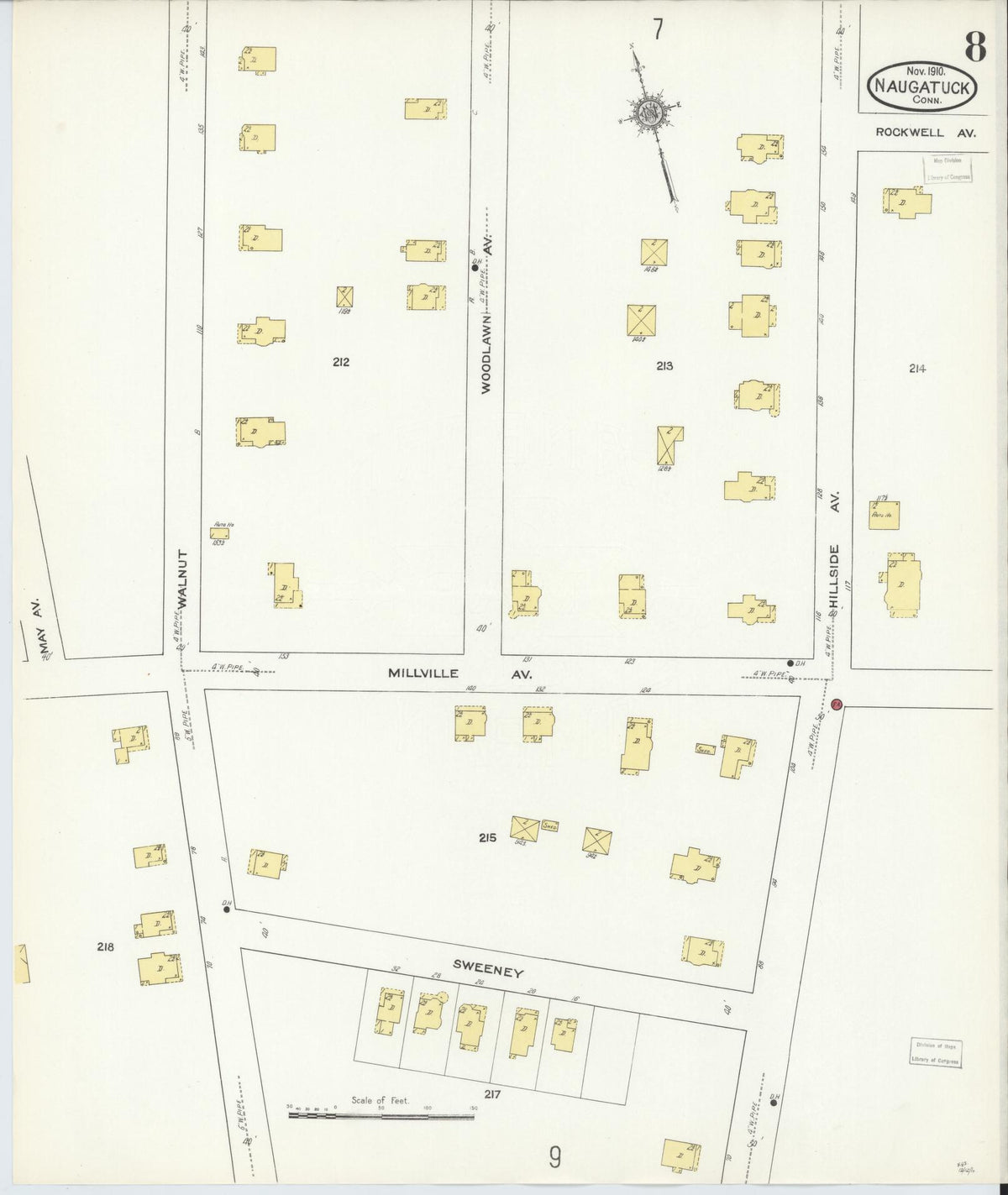 Sanborn Fire Insurance Map from Naugatuck, New Haven County, Connecticut (1910), Sheet #0008 - Complete Map Set gallery image, historic Sanborn map, vintage wall art, Connecticut Connecticut