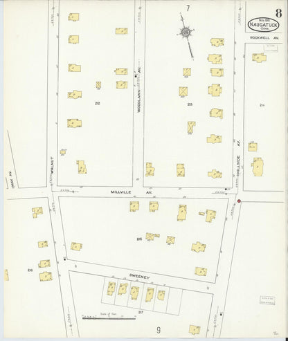 Sanborn Fire Insurance Map from Naugatuck, New Haven County, Connecticut (1910), Sheet #0008 - Complete Map Set gallery image, historic Sanborn map, vintage wall art, Connecticut Connecticut