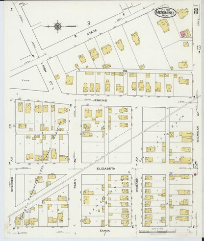 Sanborn Fire Insurance Map from Menominee, Menominee County, Michigan (1921), Sheet #0008 - Historic Sanborn Fire Insurance Map Print, vintage old map wall art, antique decor, genealogy gift, Michigan Michigan map