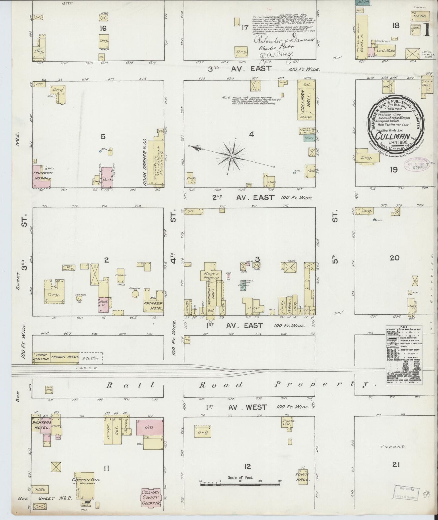Sanborn Fire Insurance Map from Cullman, Cullman County, Alabama (1888), Sheet #0001 - Historic Sanborn Fire Insurance Map Print, vintage old map wall art, antique decor, genealogy gift, Alabama Alabama map