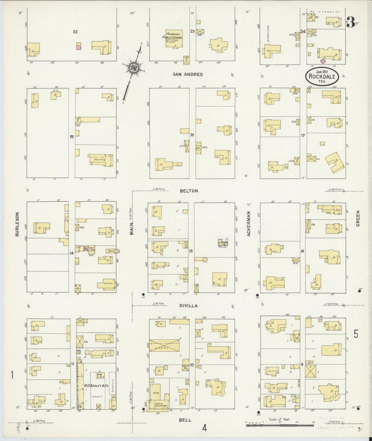 Sanborn Fire Insurance Map from Rockdale, Milam County, Texas (1912), Sheet #0003 - Historic Sanborn Fire Insurance Map Print, vintage old map wall art, antique decor, genealogy gift, Texas Texas map