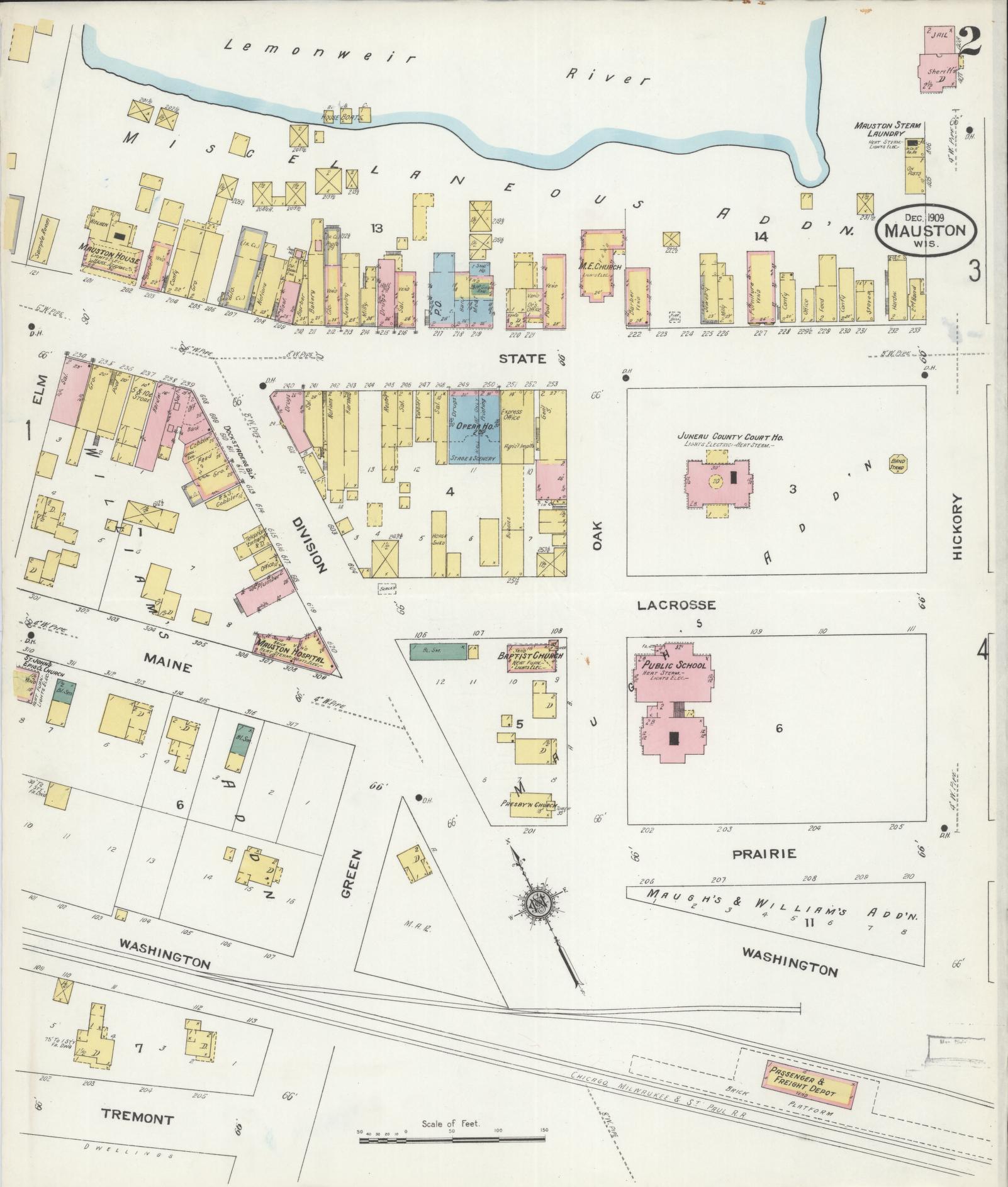 Sanborn Fire Insurance Map from Mauston, Juneau County, Wisconsin (1909), Sheet #0002 - Complete Map Set gallery image, historic Sanborn map, vintage wall art, Wisconsin Wisconsin