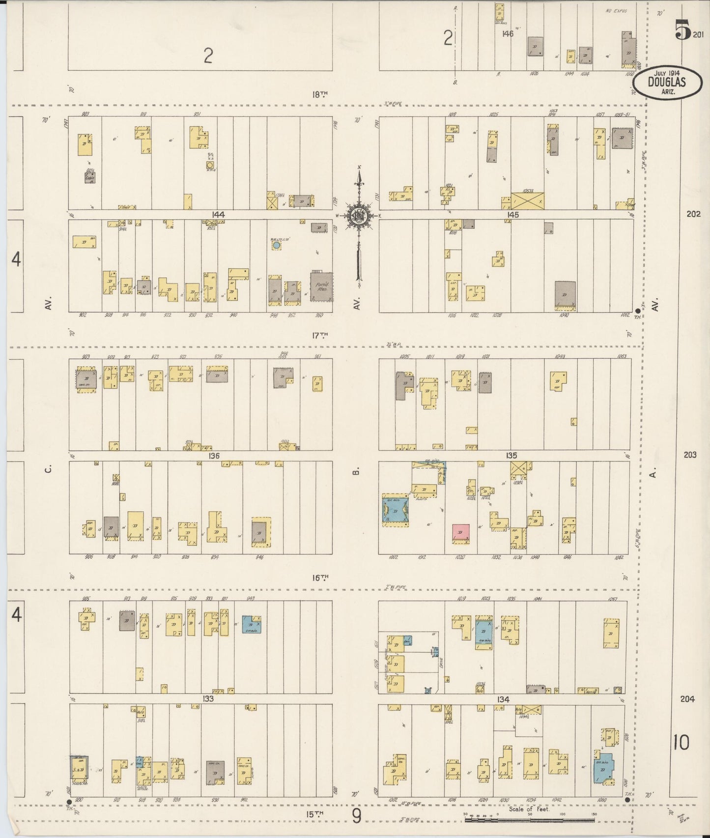 Sanborn Fire Insurance Map from Douglas, Cochise County, Arizona (1914), Sheet #0005 - Historic Sanborn Fire Insurance Map Print, vintage old map wall art, antique decor, genealogy gift, Arizona Arizona map