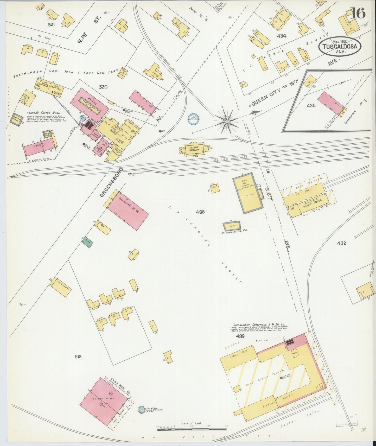 Sanborn Fire Insurance Map from Tuscaloosa, Tuscaloosa County, Alabama (1905), Sheet #0016 - Complete Map Set gallery image, historic Sanborn map, vintage wall art, Alabama Alabama