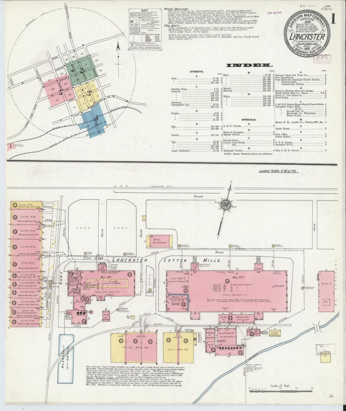 Sanborn Fire Insurance Map from Lancaster, Lancaster County, South Carolina (1910), Sheet #0001 - Complete Map Set gallery image, historic Sanborn map, vintage wall art, South Carolina South Carolina