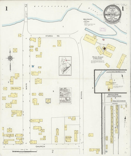 Sanborn Fire Insurance Map from Monticello, Aroostook County, Maine (1925), Sheet #0001 - Historic Sanborn Fire Insurance Map Print, vintage old map wall art, antique decor, genealogy gift, Maine Maine map