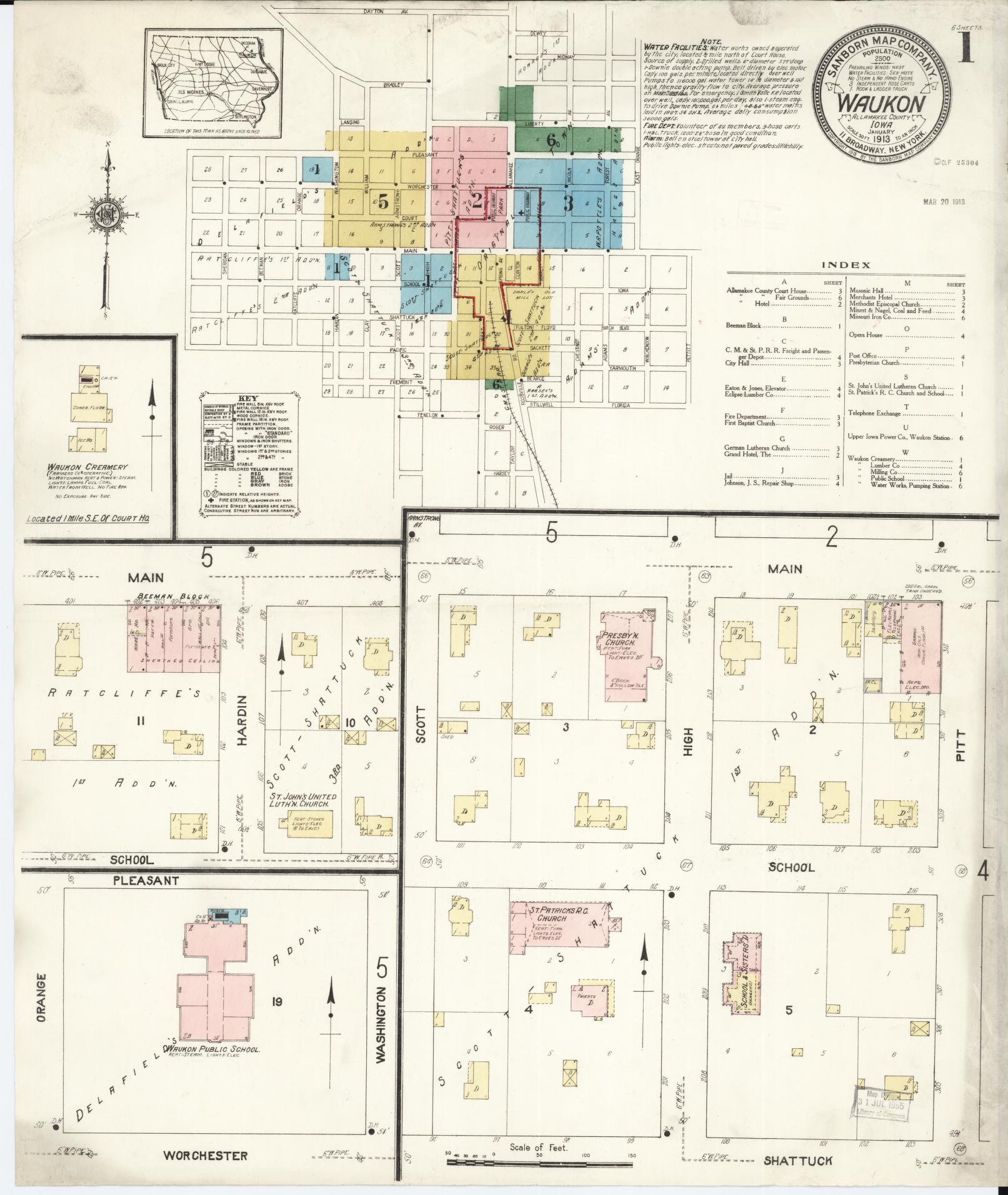 Sanborn Fire Insurance Map from Waukon, Allamakee County, Iowa (1913), Sheet #0001 - Historic Sanborn Fire Insurance Map Print