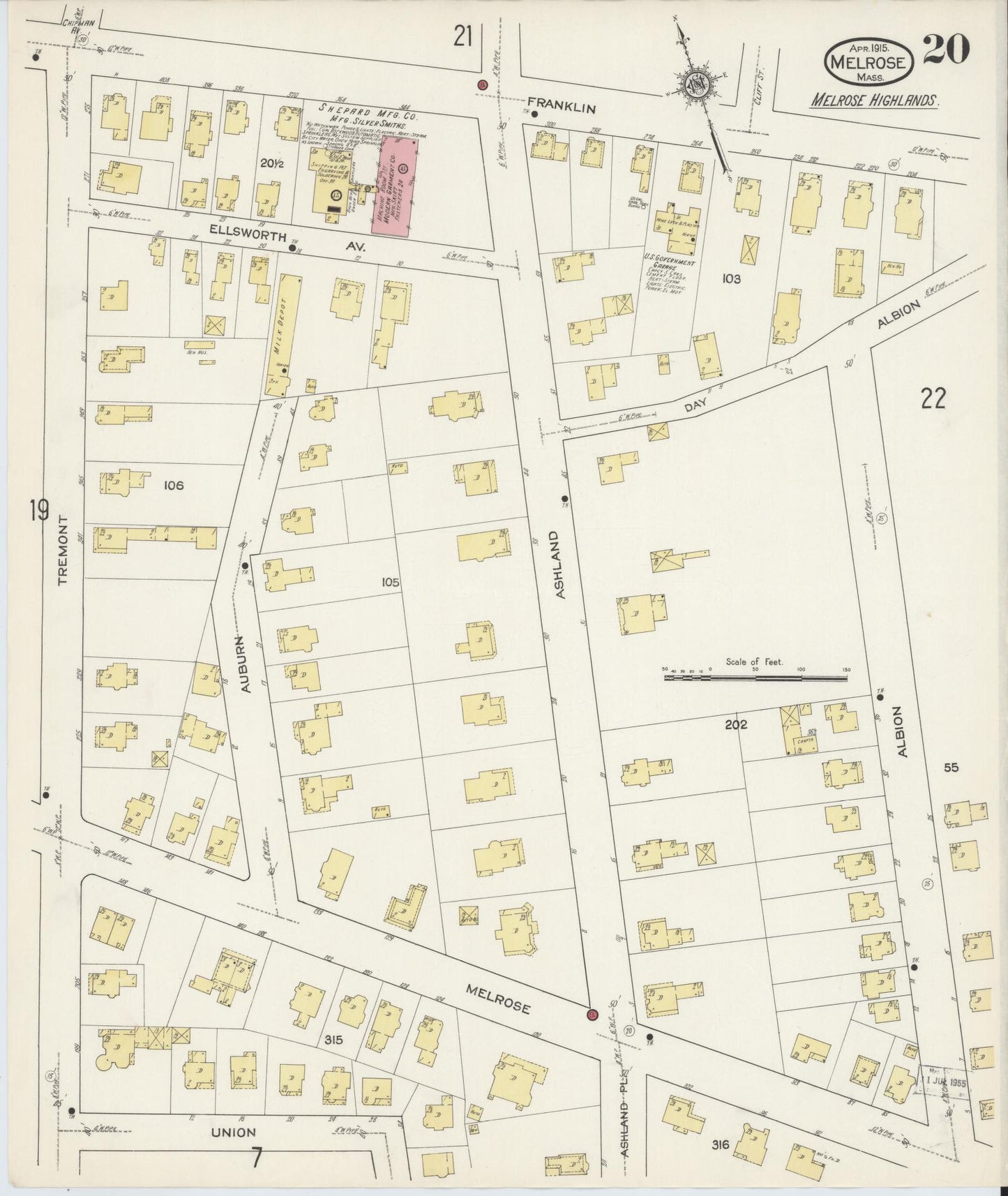 Sanborn Fire Insurance Map from Melrose, Middlesex County, Massachusetts (1915), Sheet #0020 - Historic Sanborn Fire Insurance Map Print, vintage old map wall art, antique decor, genealogy gift, Massachusetts Massachusetts map