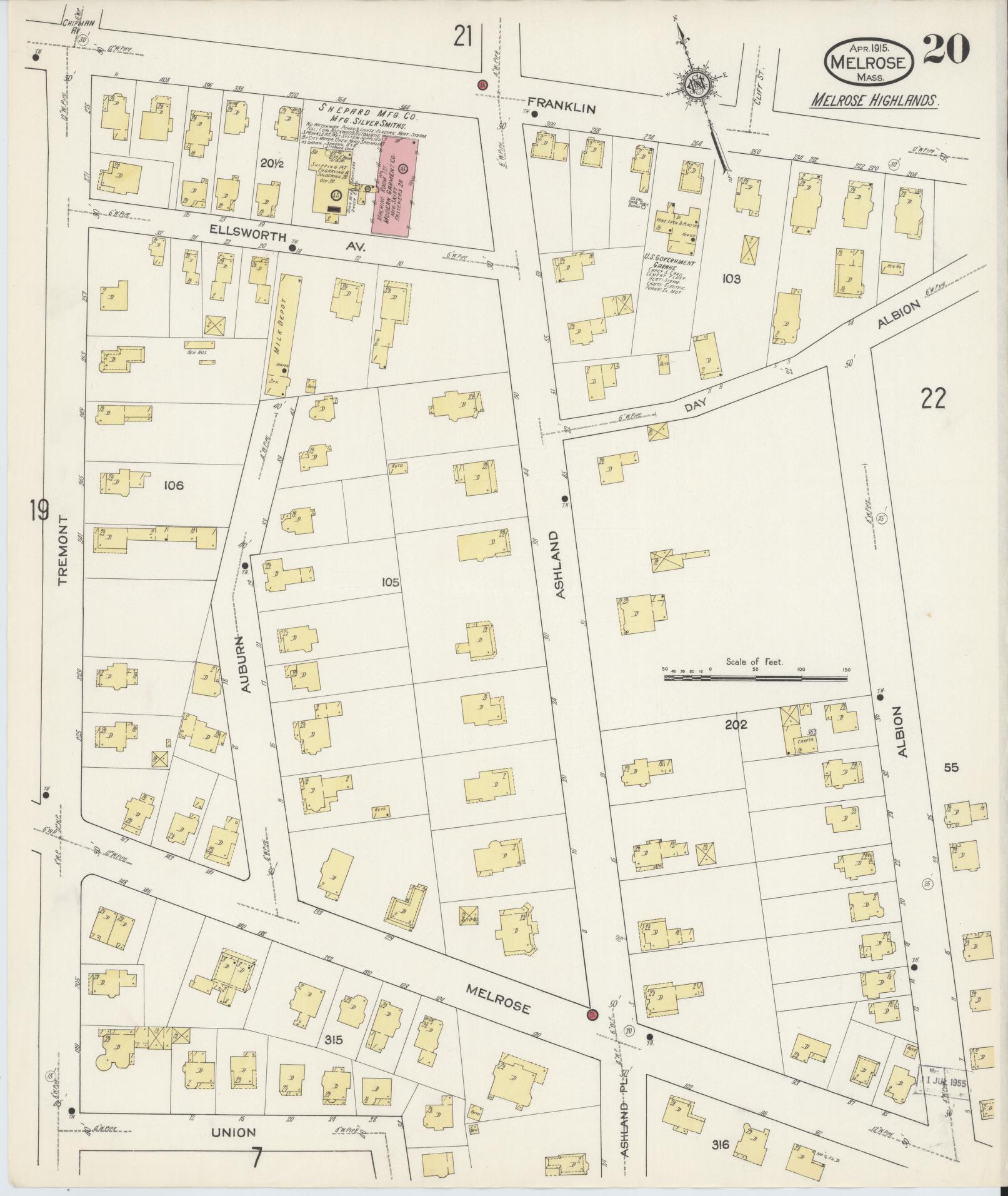 Sanborn Fire Insurance Map from Melrose, Middlesex County, Massachusetts (1915), Sheet #0020 - Historic Sanborn Fire Insurance Map Print, vintage old map wall art, antique decor, genealogy gift, Massachusetts Massachusetts map