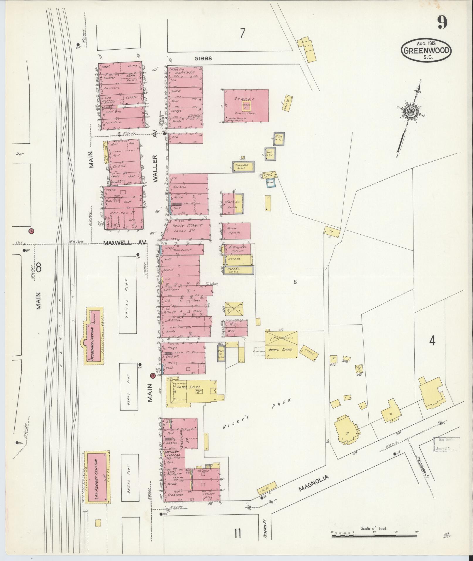 Sanborn Fire Insurance Map from Greenwood, Greenwood County, South Carolina (1913), Sheet #0009 - Historic Sanborn Fire Insurance Map Print, vintage old map wall art, antique decor, genealogy gift, South Carolina South Carolina map