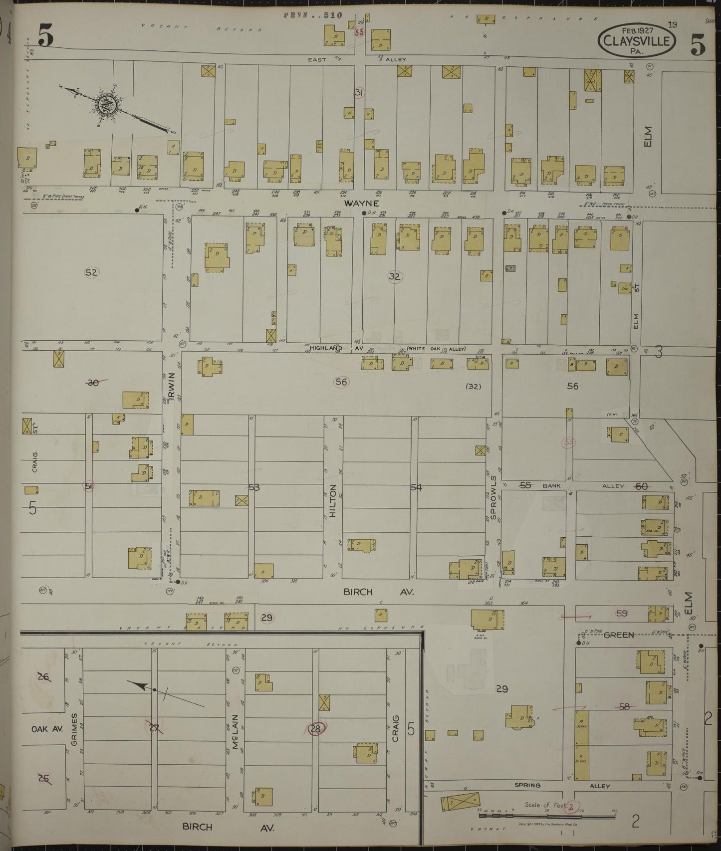 Sanborn Fire Insurance Map from Claysville, Washington County, Pennsylvania (1943), Sheet #0005 - Historic Sanborn Fire Insurance Map Print, vintage old map wall art, antique decor, genealogy gift, Pennsylvania Pennsylvania map