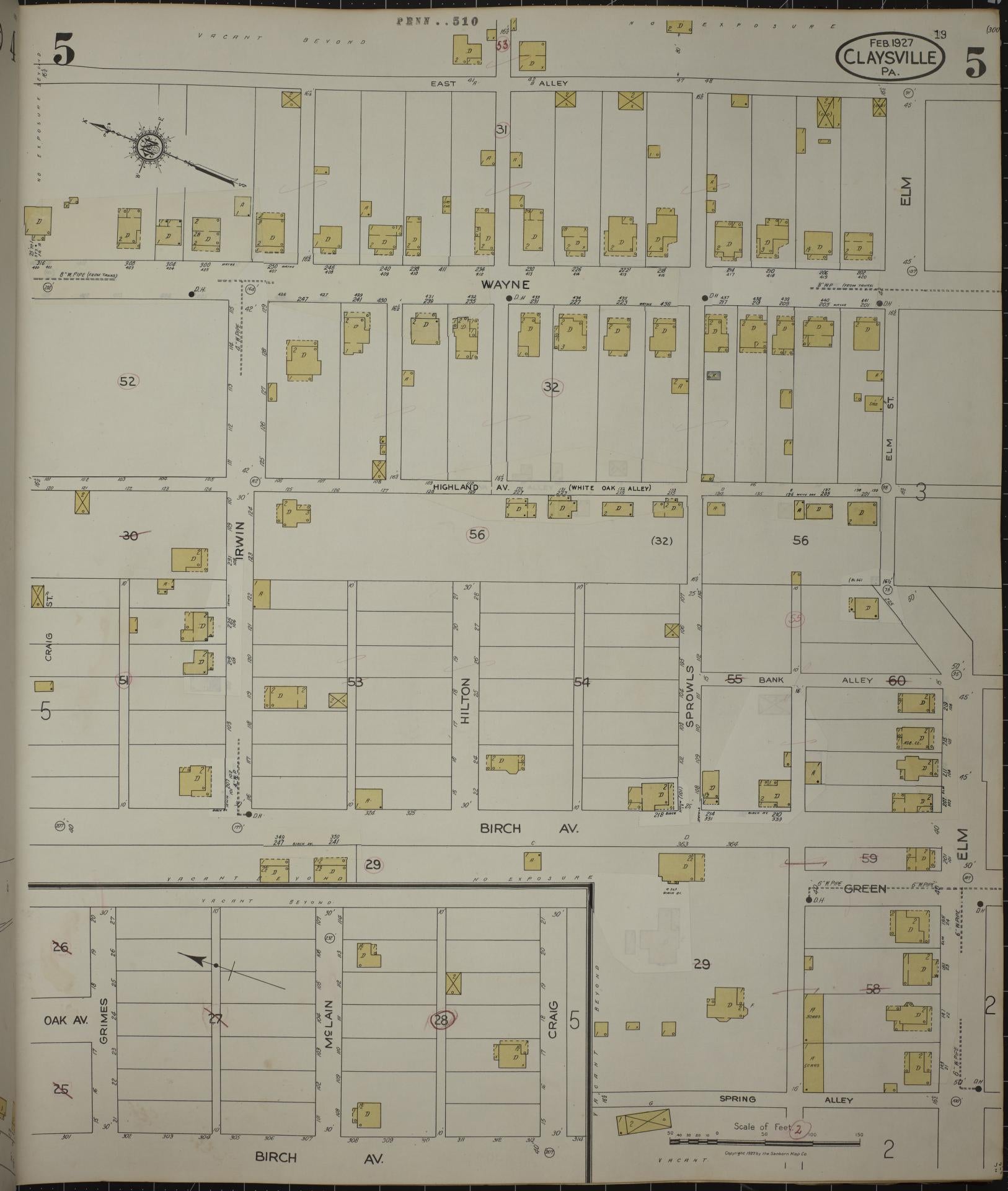Sanborn Fire Insurance Map from Claysville, Washington County, Pennsylvania (1943), Sheet #0005 - Historic Sanborn Fire Insurance Map Print, vintage old map wall art, antique decor, genealogy gift, Pennsylvania Pennsylvania map