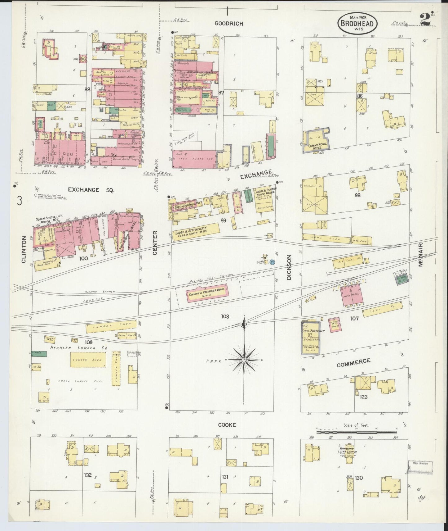 Sanborn Fire Insurance Map from Brodhead, Green County, Wisconsin (1908), Sheet #0002 - Historic Sanborn Fire Insurance Map Print, vintage old map wall art, antique decor, genealogy gift, Wisconsin Wisconsin map