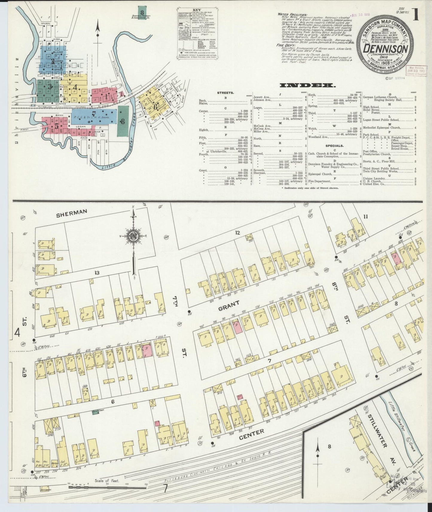 Sanborn Fire Insurance Map from Dennison, Tuscarawas County, Ohio (1909), Sheet #0001 - Historic Sanborn Fire Insurance Map Print, vintage old map wall art, antique decor, genealogy gift, Ohio Ohio map