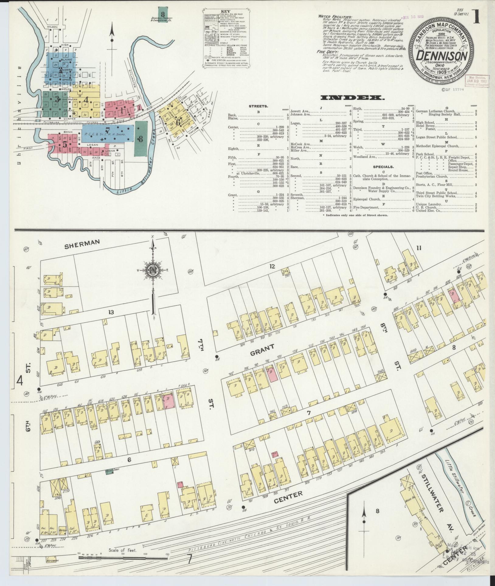 Sanborn Fire Insurance Map from Dennison, Tuscarawas County, Ohio (1909), Sheet #0001 - Historic Sanborn Fire Insurance Map Print, vintage old map wall art, antique decor, genealogy gift, Ohio Ohio map