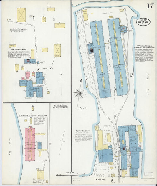 Sanborn Fire Insurance Map from Batavia, Kane County, Illinois (1907), Sheet #0017 - Historic Sanborn Fire Insurance Map Print, vintage old map wall art, antique decor, genealogy gift, Illinois Illinois map