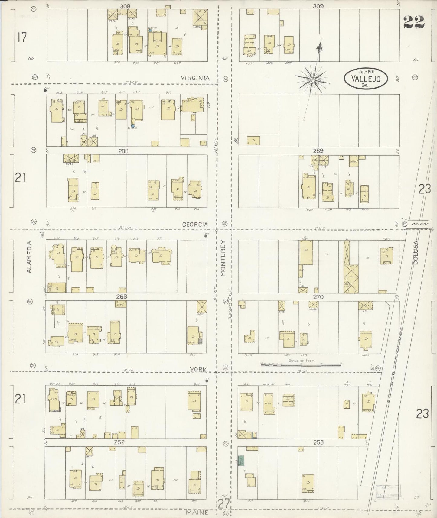 Sanborn Fire Insurance Map from Vallejo, Solano County, California (1901), Sheet #0022 - Complete Map Set gallery image, historic Sanborn map, vintage wall art, California California