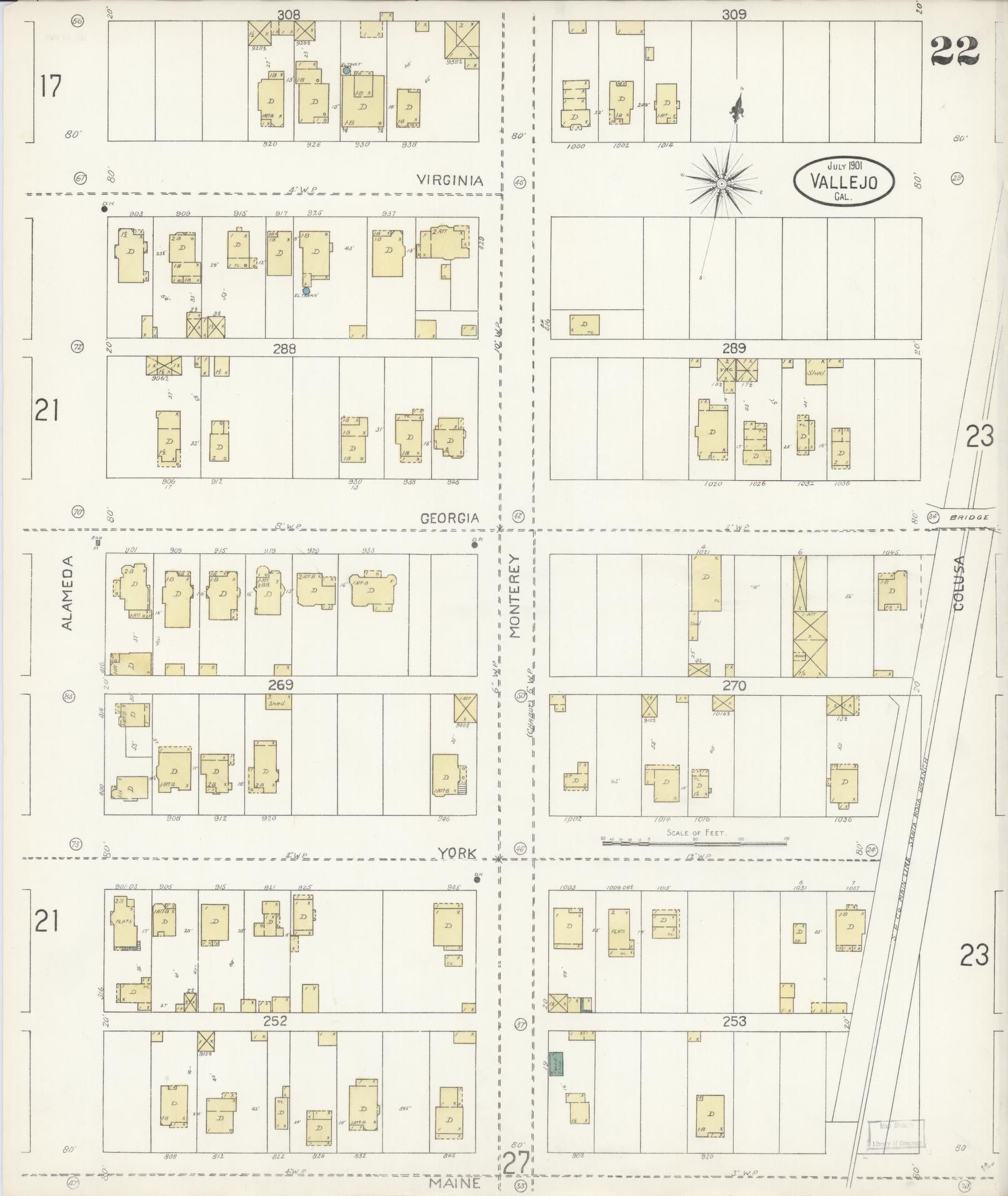Sanborn Fire Insurance Map from Vallejo, Solano County, California (1901), Sheet #0022 - Complete Map Set gallery image, historic Sanborn map, vintage wall art, California California