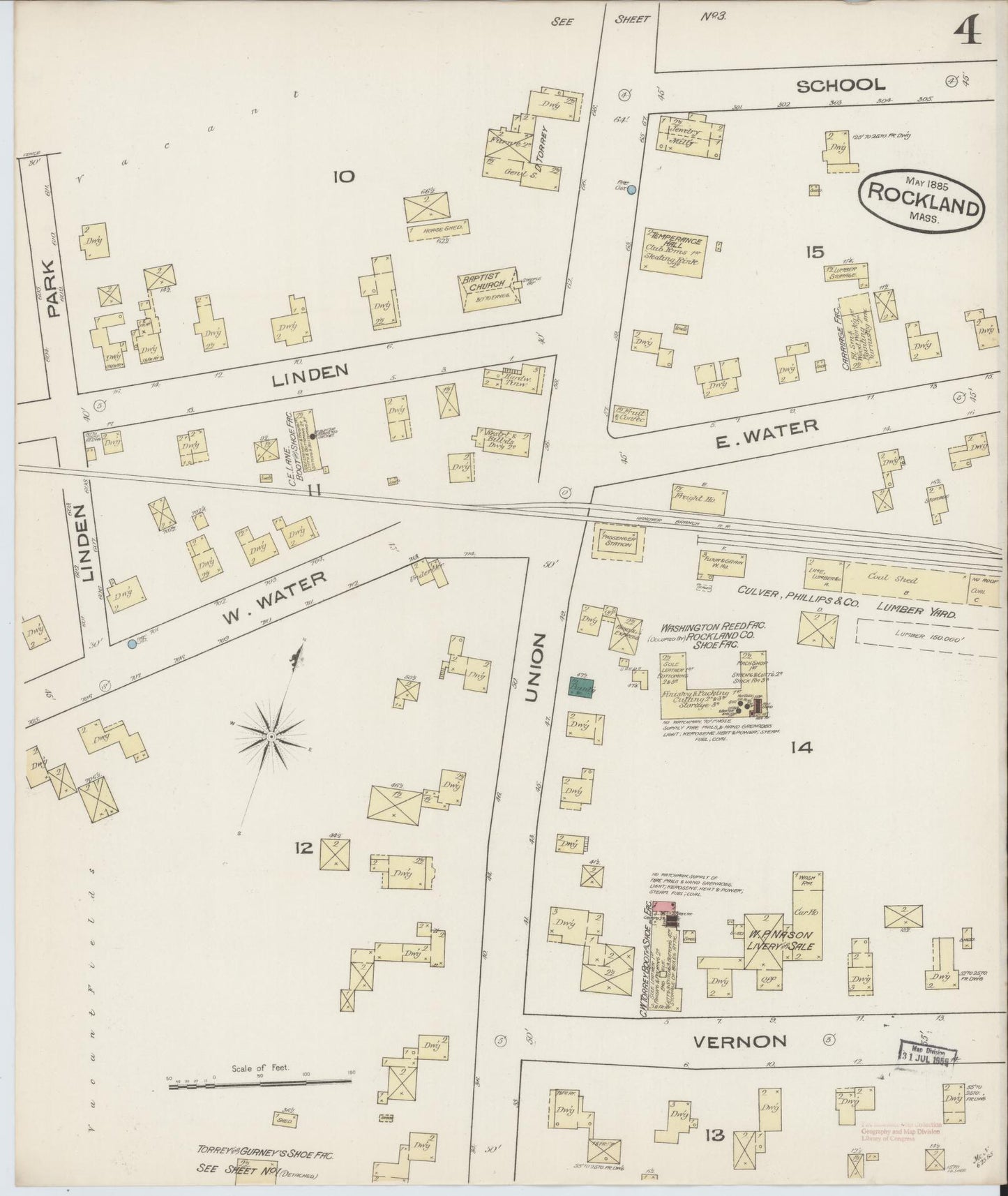 Sanborn Fire Insurance Map from Rockland, Plymouth County, Massachusetts (1885), Sheet #0004 - Historic Sanborn Fire Insurance Map Print, vintage old map wall art, antique decor, genealogy gift, Massachusetts Massachusetts map