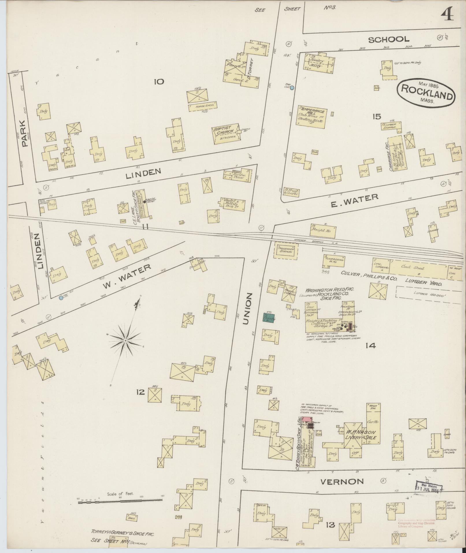 Sanborn Fire Insurance Map from Rockland, Plymouth County, Massachusetts (1885), Sheet #0004 - Historic Sanborn Fire Insurance Map Print, vintage old map wall art, antique decor, genealogy gift, Massachusetts Massachusetts map