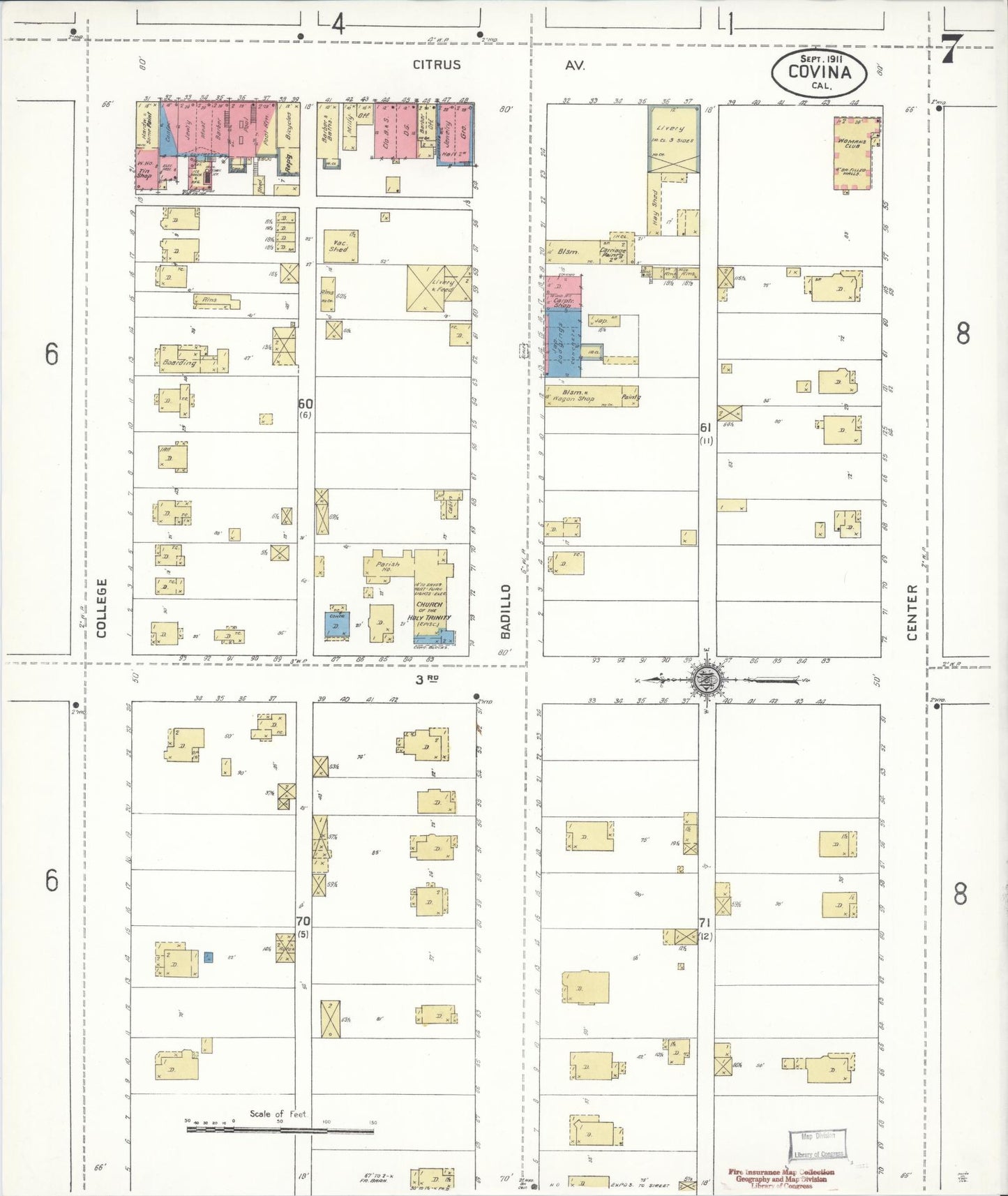 Sanborn Fire Insurance Map from Covina, Los Angeles County, California (1911), Sheet #0007 - Complete Map Set gallery image, historic Sanborn map, vintage wall art, California California