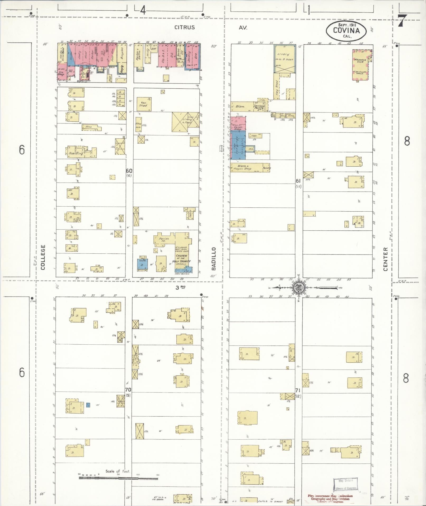 Sanborn Fire Insurance Map from Covina, Los Angeles County, California (1911), Sheet #0007 - Complete Map Set gallery image, historic Sanborn map, vintage wall art, California California