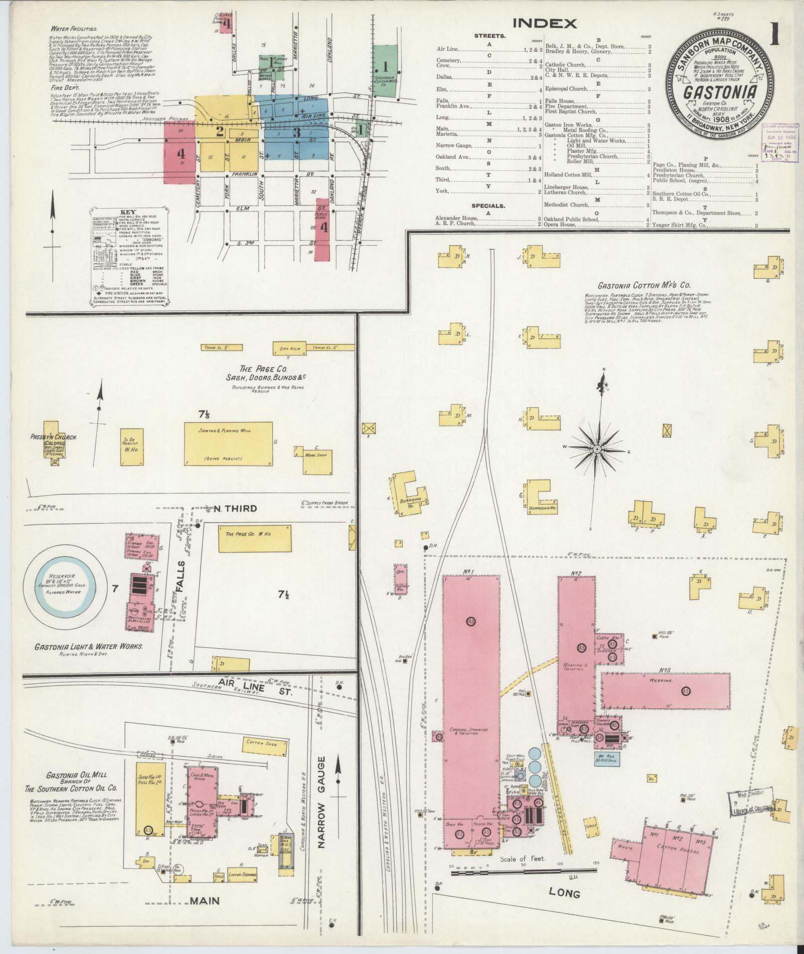 Sanborn Fire Insurance Map from Gastonia, Gaston County, North Carolina (1908), Sheet #0001 - Complete Map Set gallery image, historic Sanborn map, vintage wall art, North Carolina North Carolina