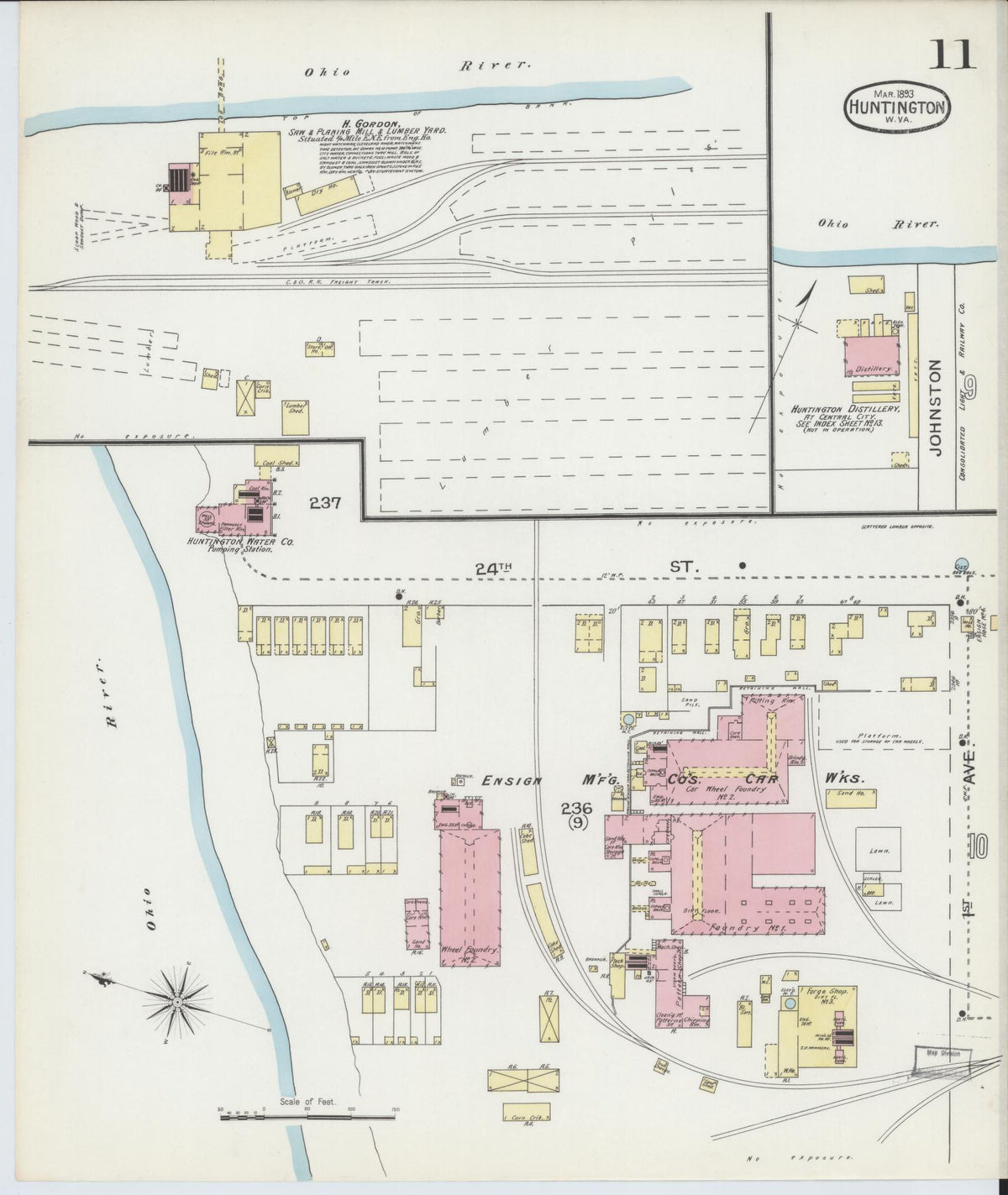 Sanborn Fire Insurance Map from Huntington, Cabell County, West Virginia (1893), Sheet #0011 - Historic Sanborn Fire Insurance Map Print, vintage old map wall art, antique decor, genealogy gift, West Virginia West Virginia map